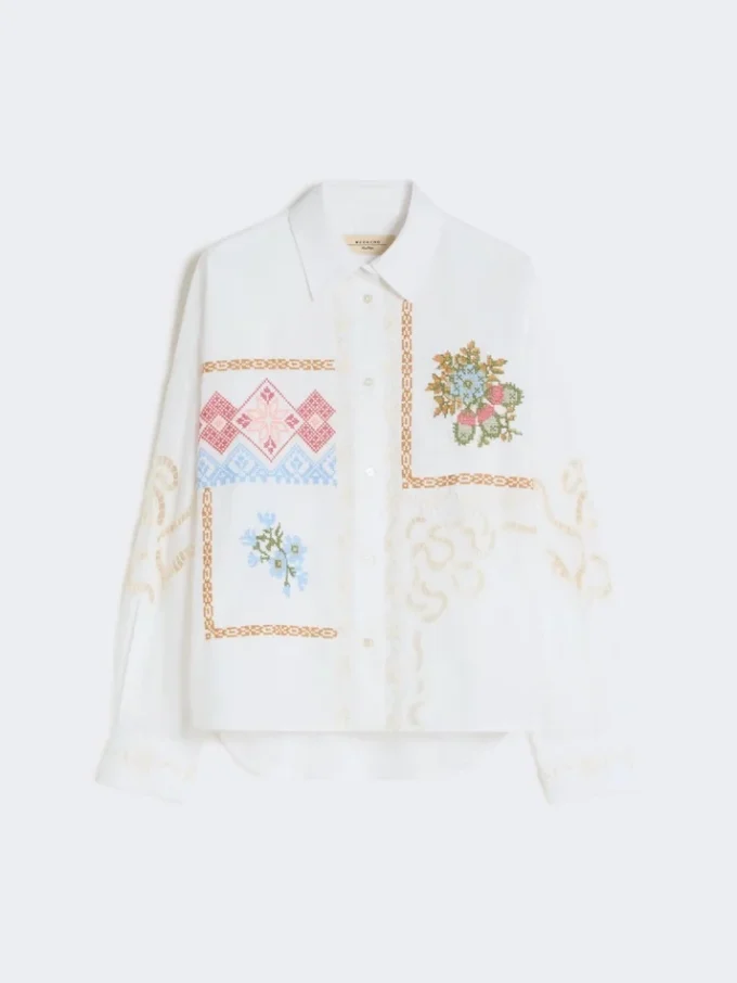 Bomullsblus med spets och broderier, vit Bomullsblus med spets och broderier, vit