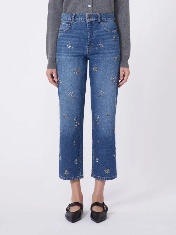 Broderade jeans i denim, marinblå