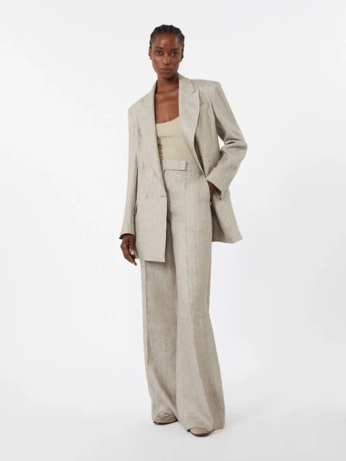 Byxor i linne-twill med fiskbensmönster, beige
