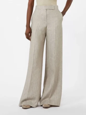 Byxor i linne-twill med fiskbensmönster, beige