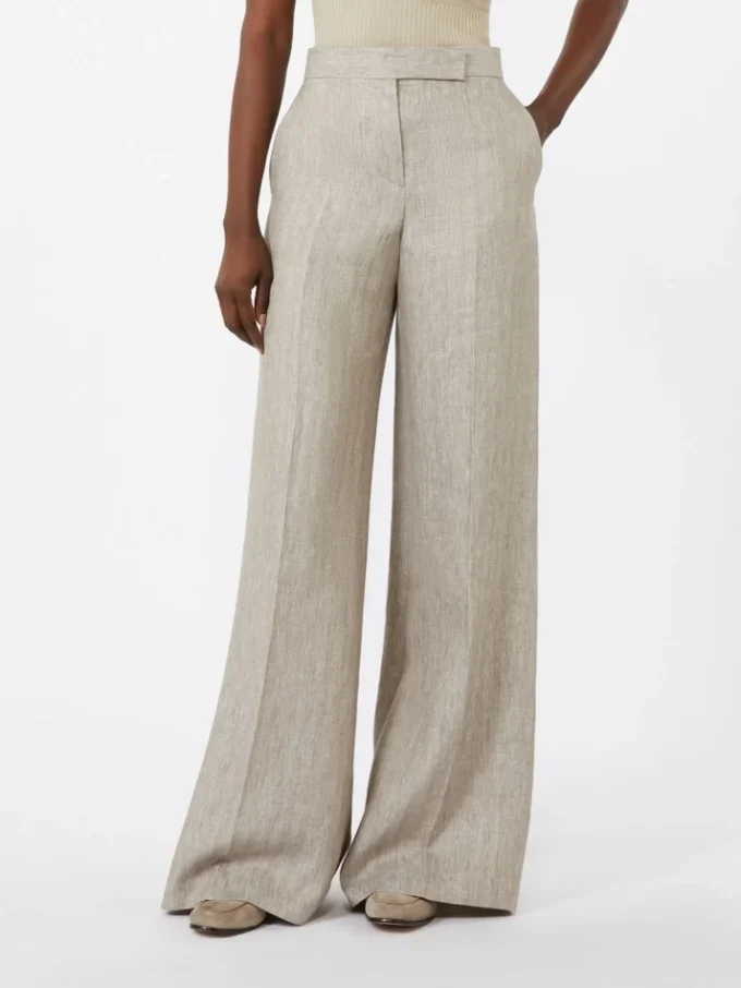 Byxor i linne-twill med fiskbensmönster, beige
