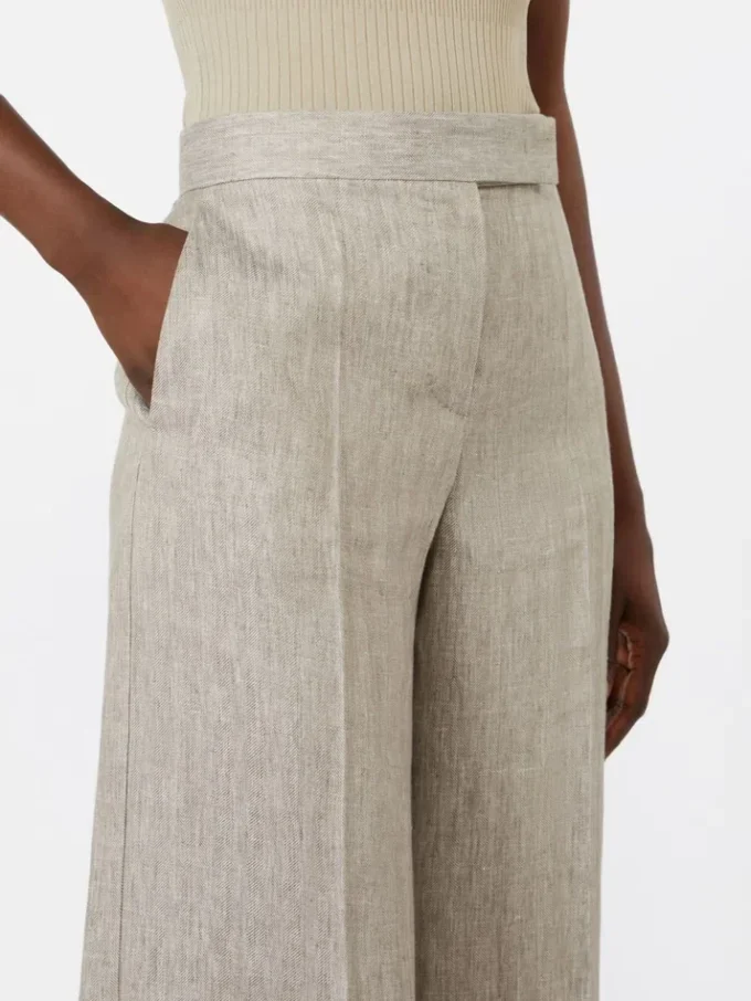 Byxor i linne-twill med fiskbensmönster, beige