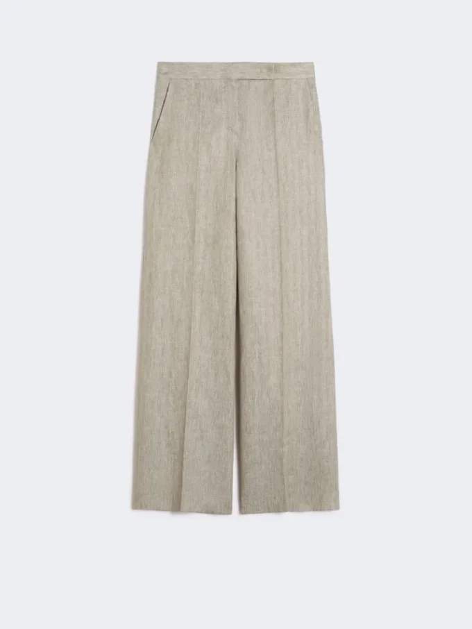 Byxor i linne-twill med fiskbensmönster, beige