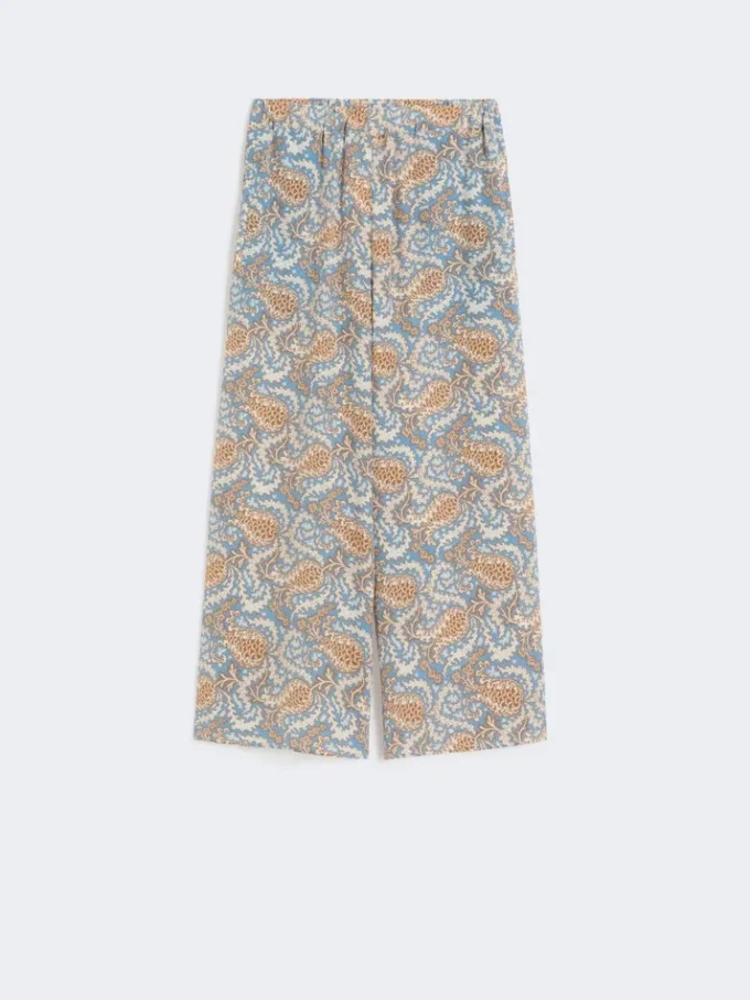 Byxor i tryckt crepe de chine, ljusblå Byxor i tryckt crepe de chine, ljusblå