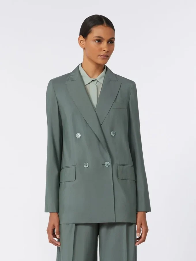 Dubbelknäppt blazer i ull och siden, mörkgrön Dubbelknäppt blazer i ull och siden, mörkgrön