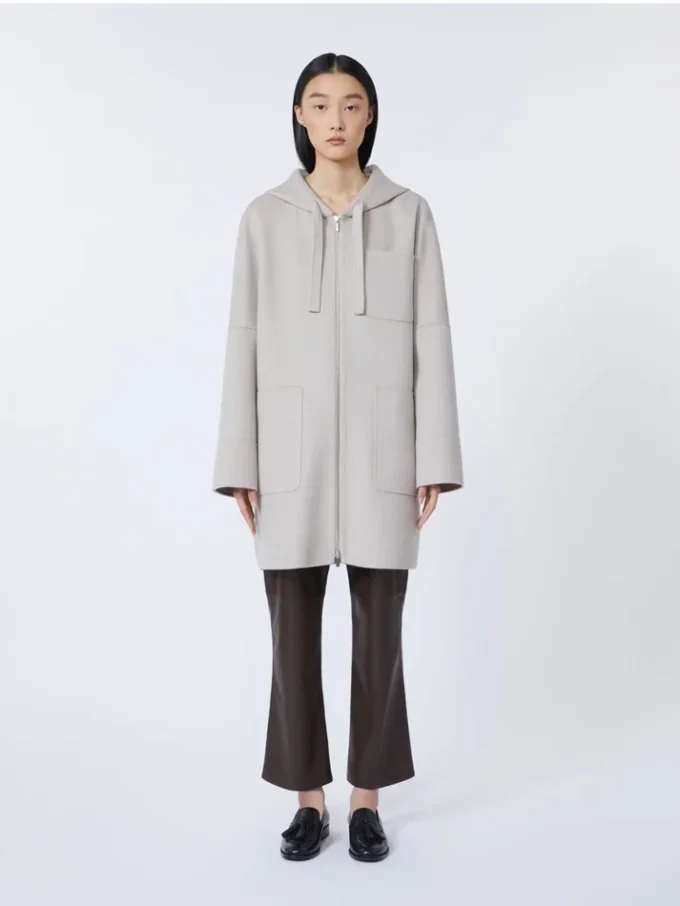 Dubbelvänd yllekappa med huva, beige Dubbelvänd yllekappa med huva, beige
