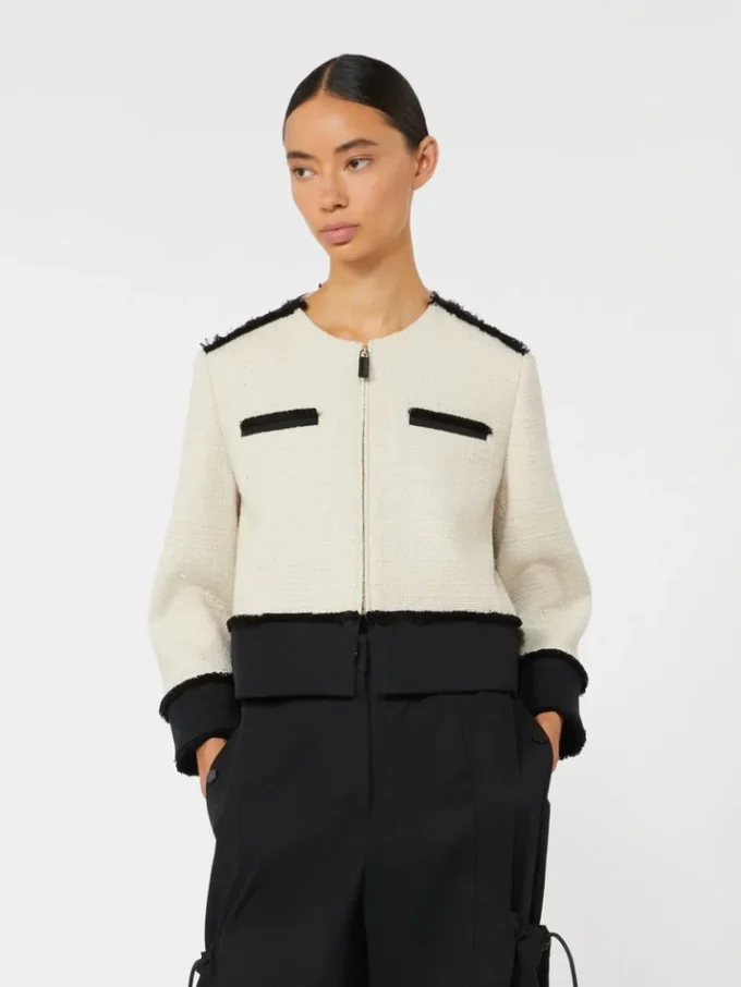 Jacka i bomull och linne med korgväv, beige