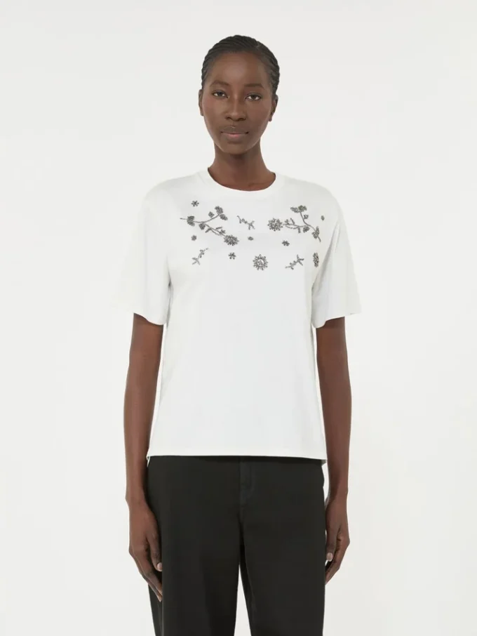 Jersey-T-shirt med tryck och broderier, vit Jersey-T-shirt med tryck och broderier, vit