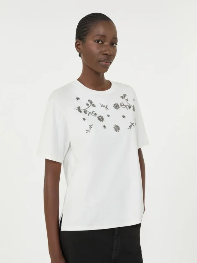 Jersey-T-shirt med tryck och broderier, vit Jersey-T-shirt med tryck och broderier, vit