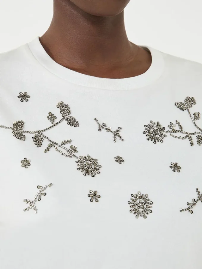 Jersey-T-shirt med tryck och broderier, vit Jersey-T-shirt med tryck och broderier, vit