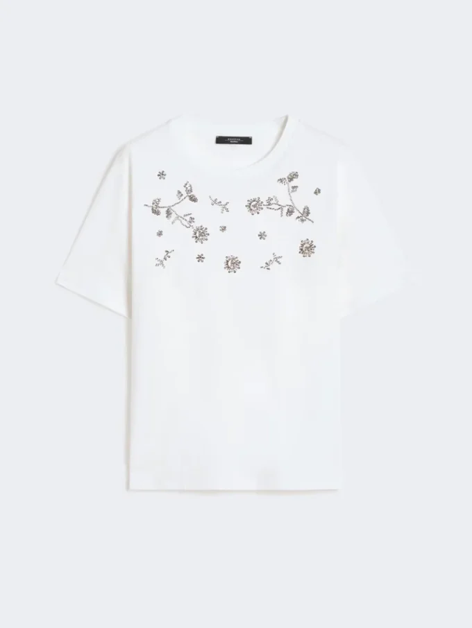 Jersey-T-shirt med tryck och broderier, vit Jersey-T-shirt med tryck och broderier, vit