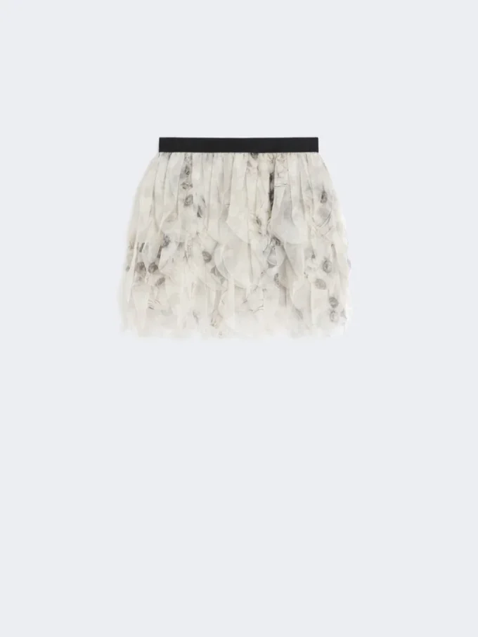 Kort kjol med blomblad i tryckt organza, pärlgrå Kort kjol med blomblad i tryckt organza, pärlgrå