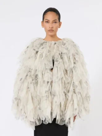 Kort överrock med blomblad i tryckt organza, pärlgrå