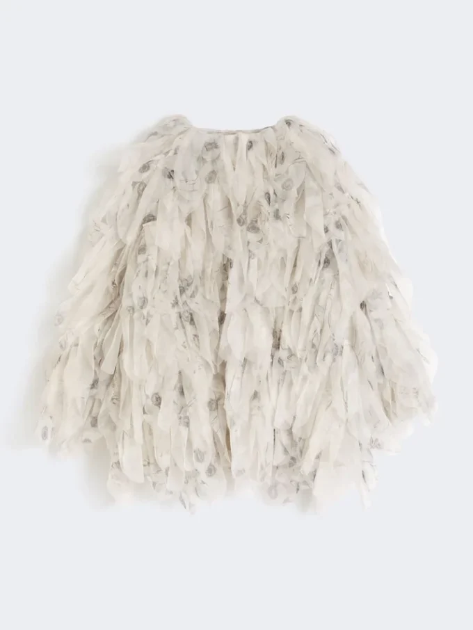 Kort överrock med blomblad i tryckt organza, pärlgrå