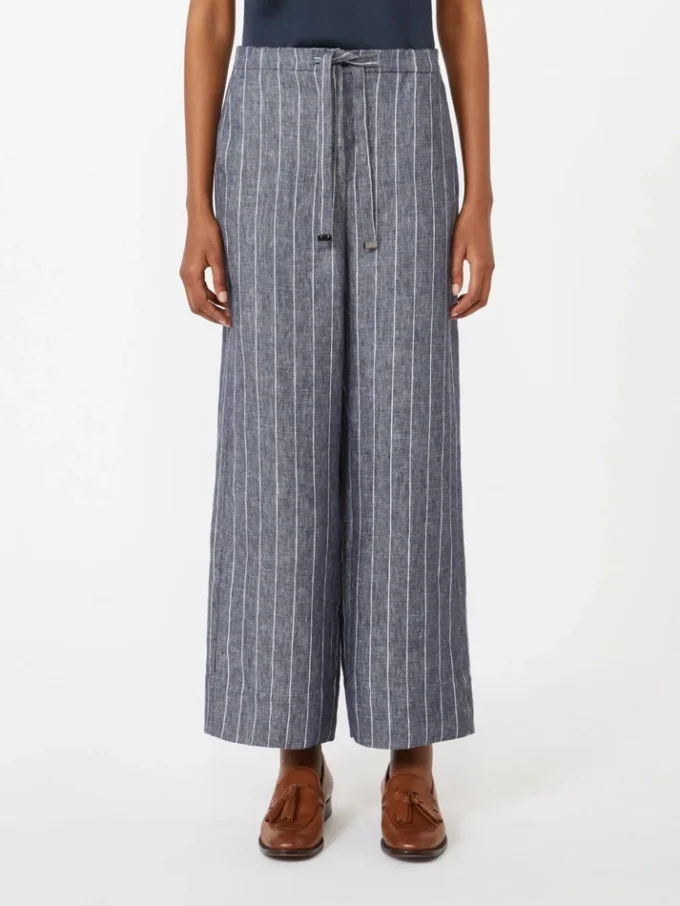 Linnebyxor i denimlook med smala ränder, ultramarinblå Linnebyxor i denimlook med smala ränder, ultramarinblå