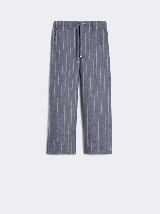 Linnebyxor i denimlook med smala ränder, ultramarinblå Linnebyxor i denimlook med smala ränder, ultramarinblå