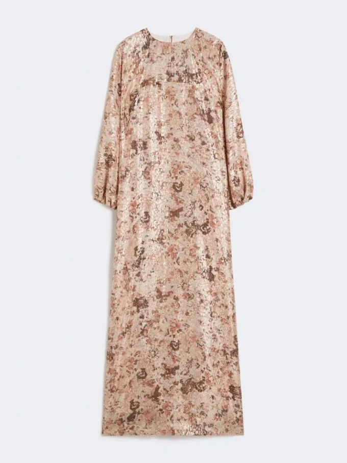 Lång fil coupa- och tryckt lama-klänning, roséguld Lång fil coupa- och tryckt lama-klänning, roséguld
