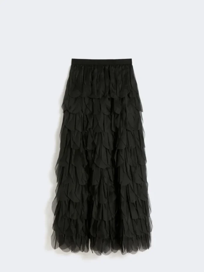 Lång kjol med kronblad i sidenorganza, svart Lång kjol med kronblad i sidenorganza, svart