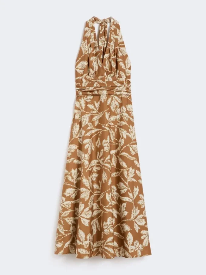 Lång klänning i tryckt poplin, karamell