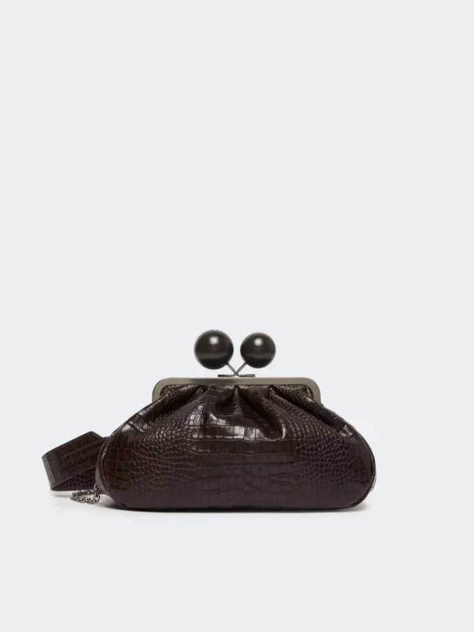 Medium Pasticcino-väska i läder med krokodilmönster, mörkbrun