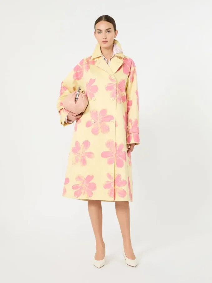 Midi-trenchcoat i mönstrad vattenavvisande gabardin, gul Midi-trenchcoat i mönstrad vattenavvisande gabardin, gul