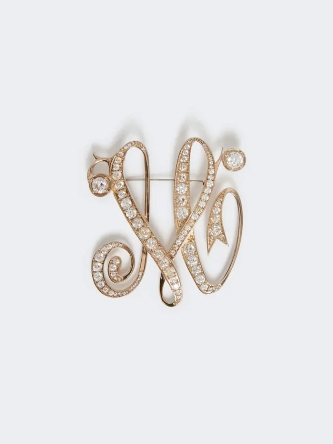 Monogrambrosch med strass, elfenben