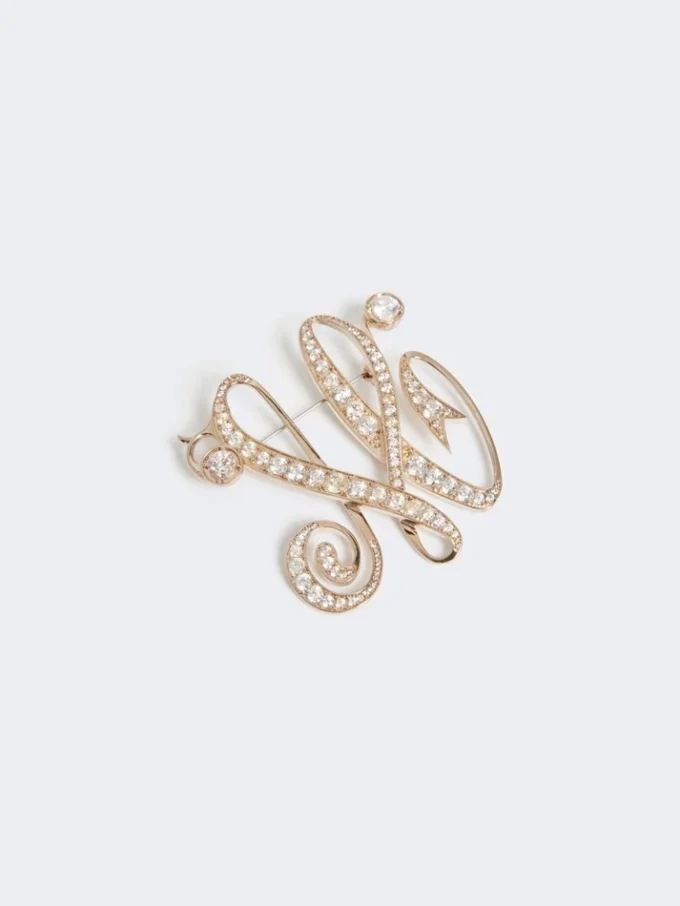 Monogrambrosch med strass, elfenben