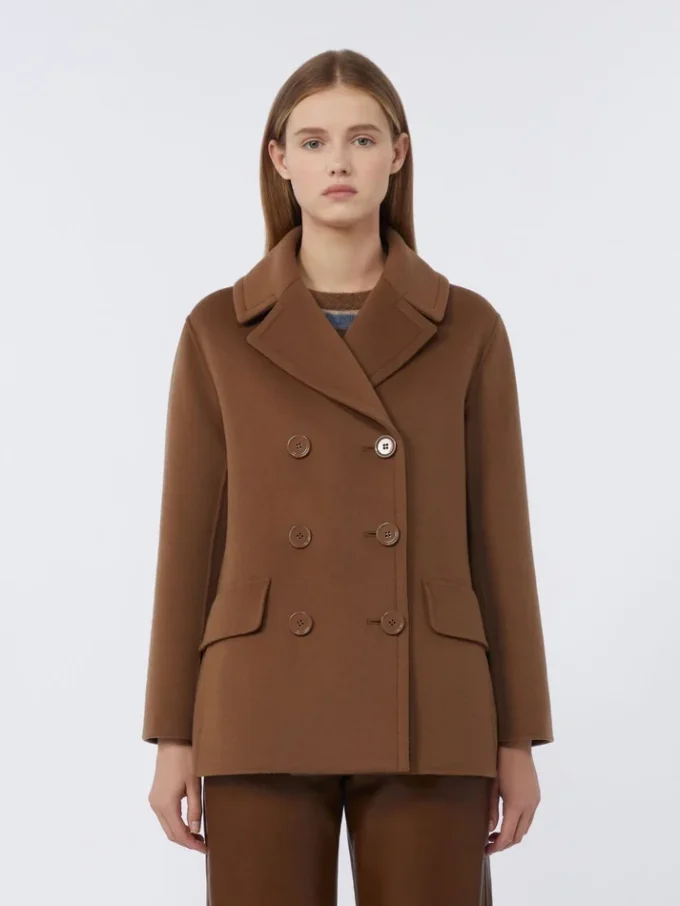 Peacoat i bredvävd ull, tobaksfärgad