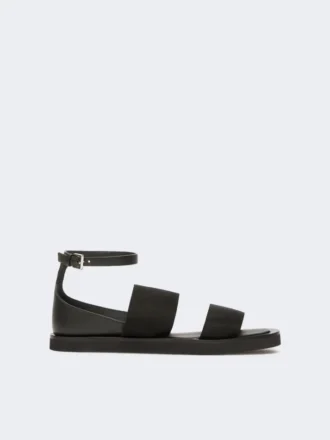 Platta sandaler i läder och elastiskt band, svarta Platta sandaler i läder och elastiskt band, svarta