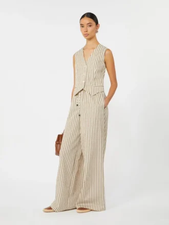 Breda byxor i randig bomulls- och sidenkanvas, beige