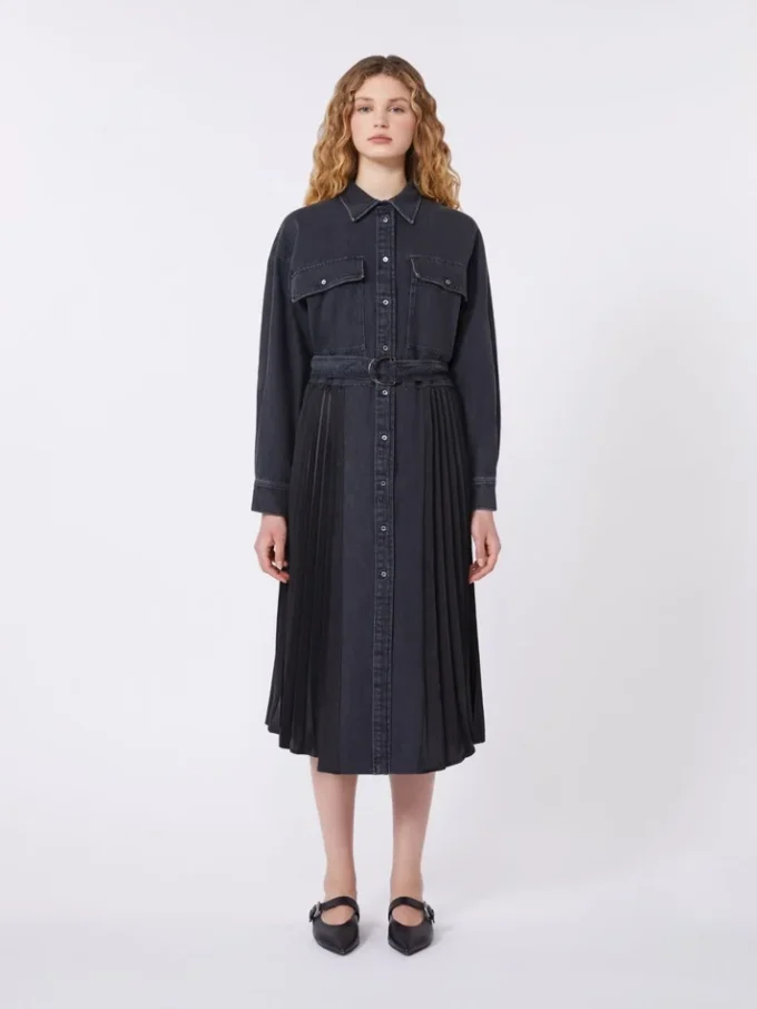 Skjortklänning i denim och satin, svart Skjortklänning i denim och satin, svart