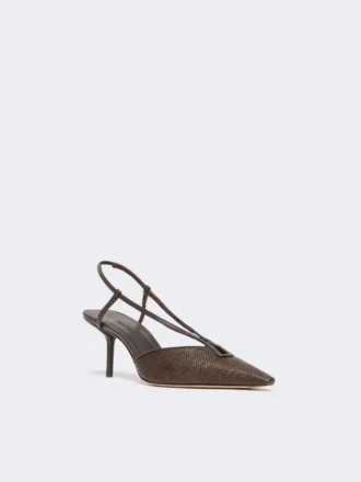 Slingbacks i canvas med raffia-look, mörkbruna