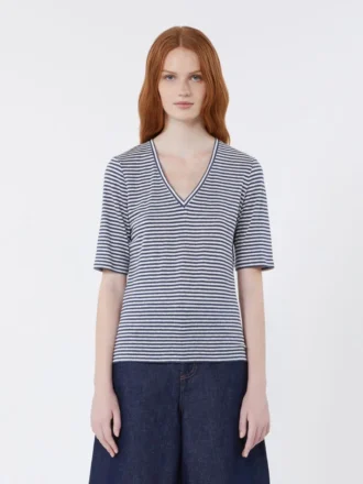 T-shirt i stretchig linnejersey med V-ringning, ultramarin