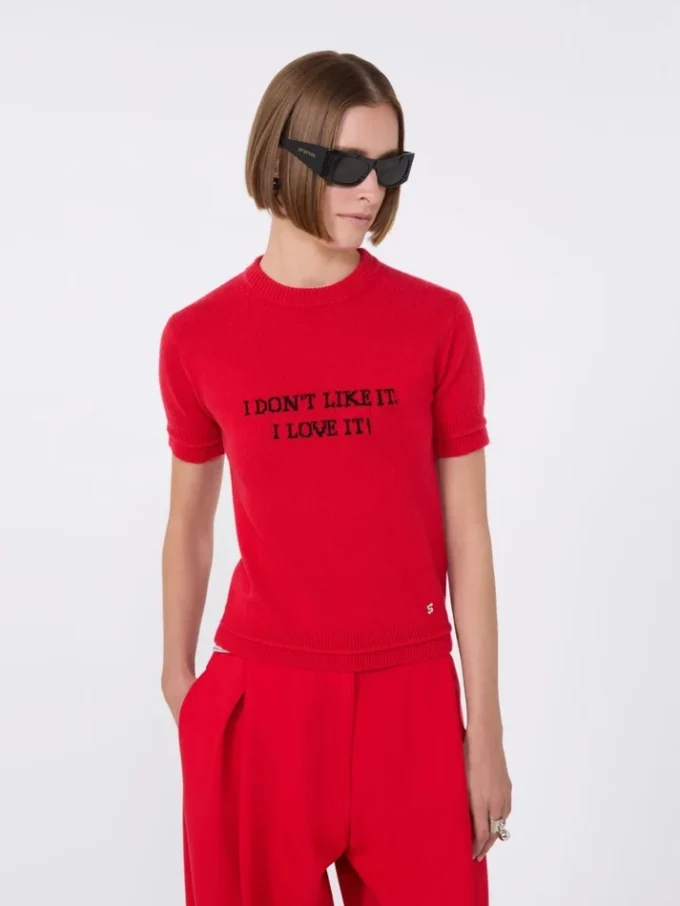 T-shirt i ull- och kashmirstickning, röd