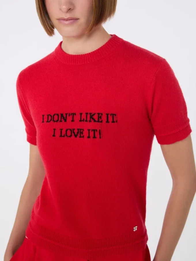 T-shirt i ull- och kashmirstickning, röd